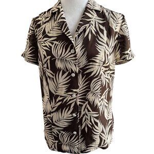 AMBER SUN Short Sleeve Button Front Blouse Chocolate Brown Cream Leaf Pattern S